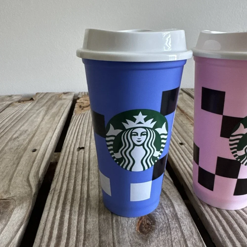 Lot of 2 Starbucks‎ 16 ounce Reusable Coffee Cups Blocks Geometric